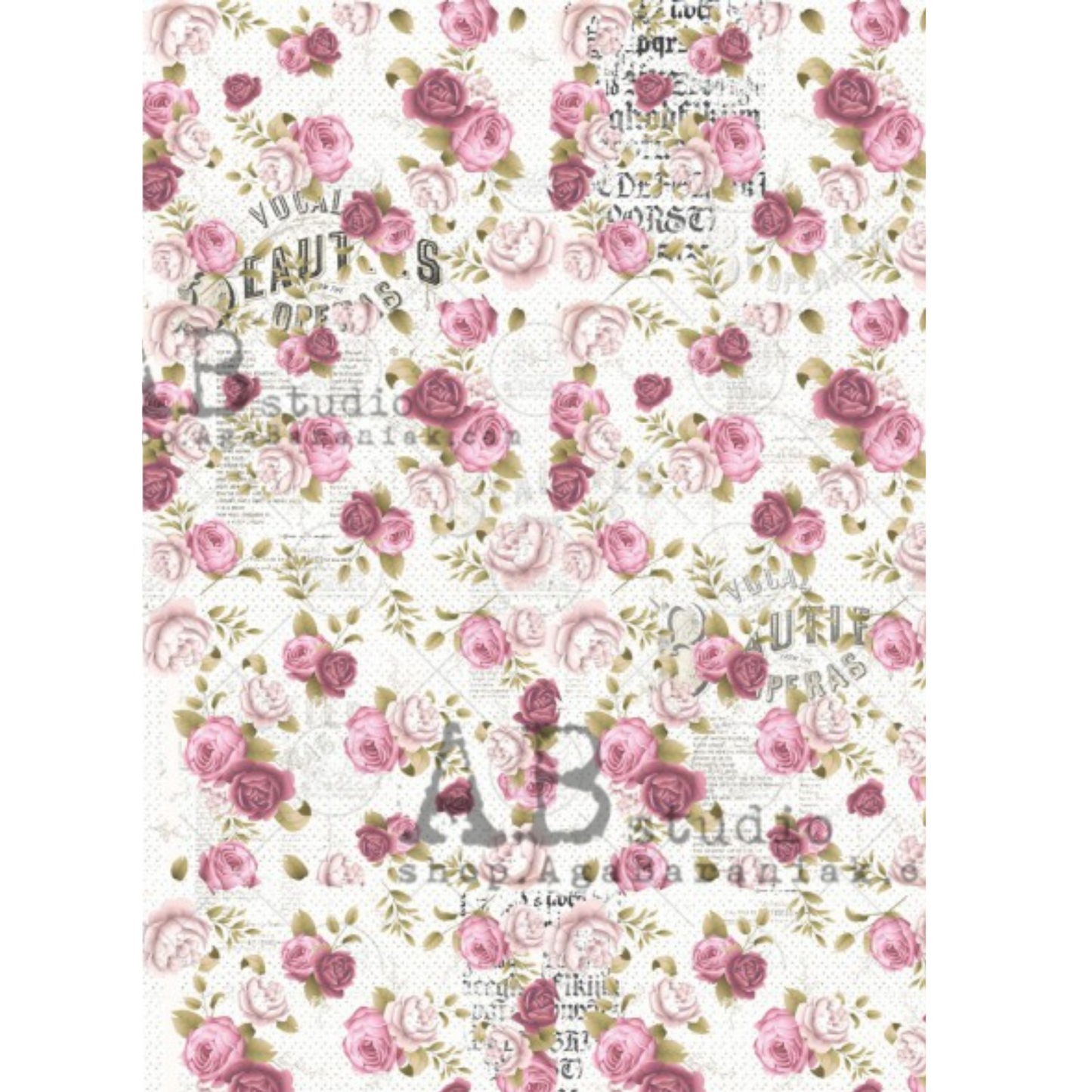 Floral patterned paper with pink roses and background text on a white background.