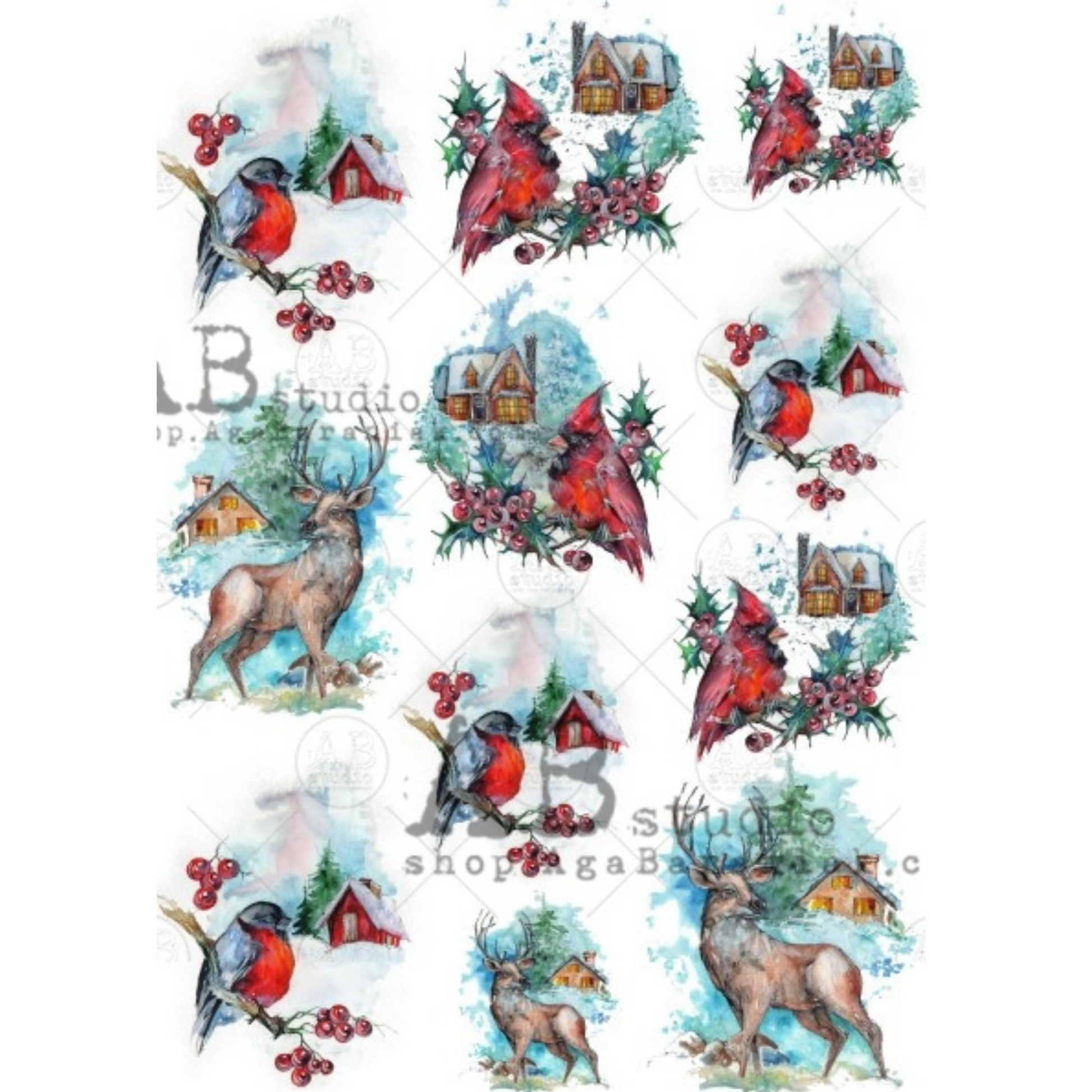 Christmas-themed small images with reindeer, cardinals, and holly berries on a white background.
