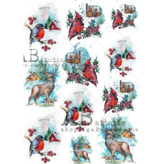 Christmas-themed small images with reindeer, cardinals, and holly berries on a white background.