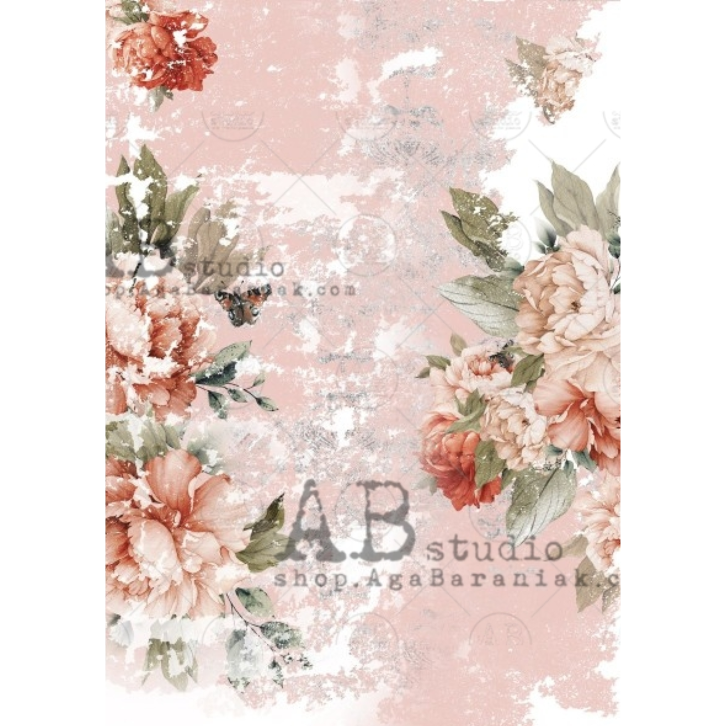 Distressed floral design with pink and coral peonies.