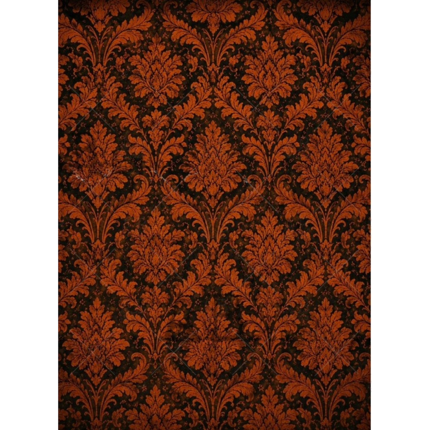 Damask patterned wallpaper in a rich rust orange and black, featuring a classic repeating floral motif.