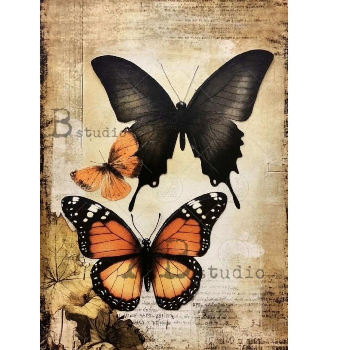 Vintage-style butterfly art print featuring a large black butterfly, a smaller orange butterfly, and a large orange-and-black monarch butterfly on a distressed beige background with faint script text.