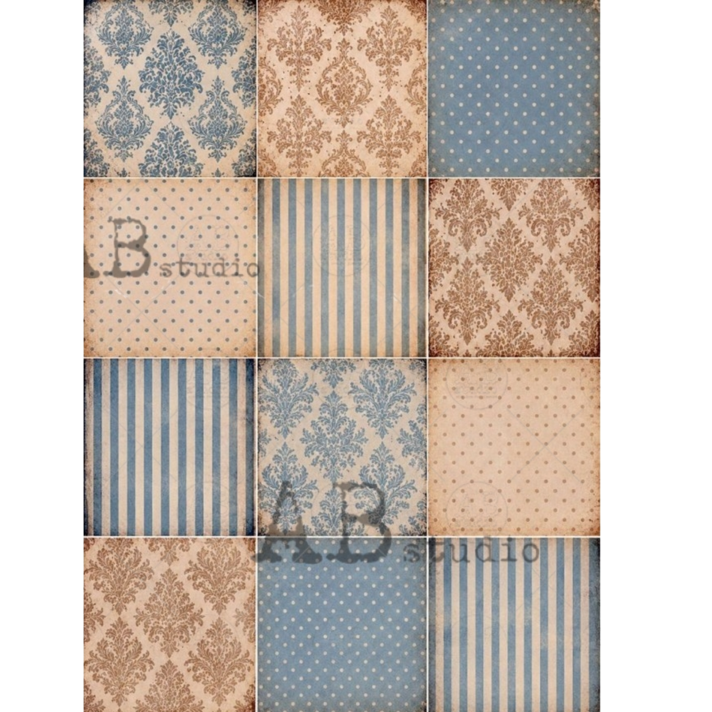 Square patchwork-style designs made of 12 beige and blue patterned panels, featuring damask, stripes and polka dots.