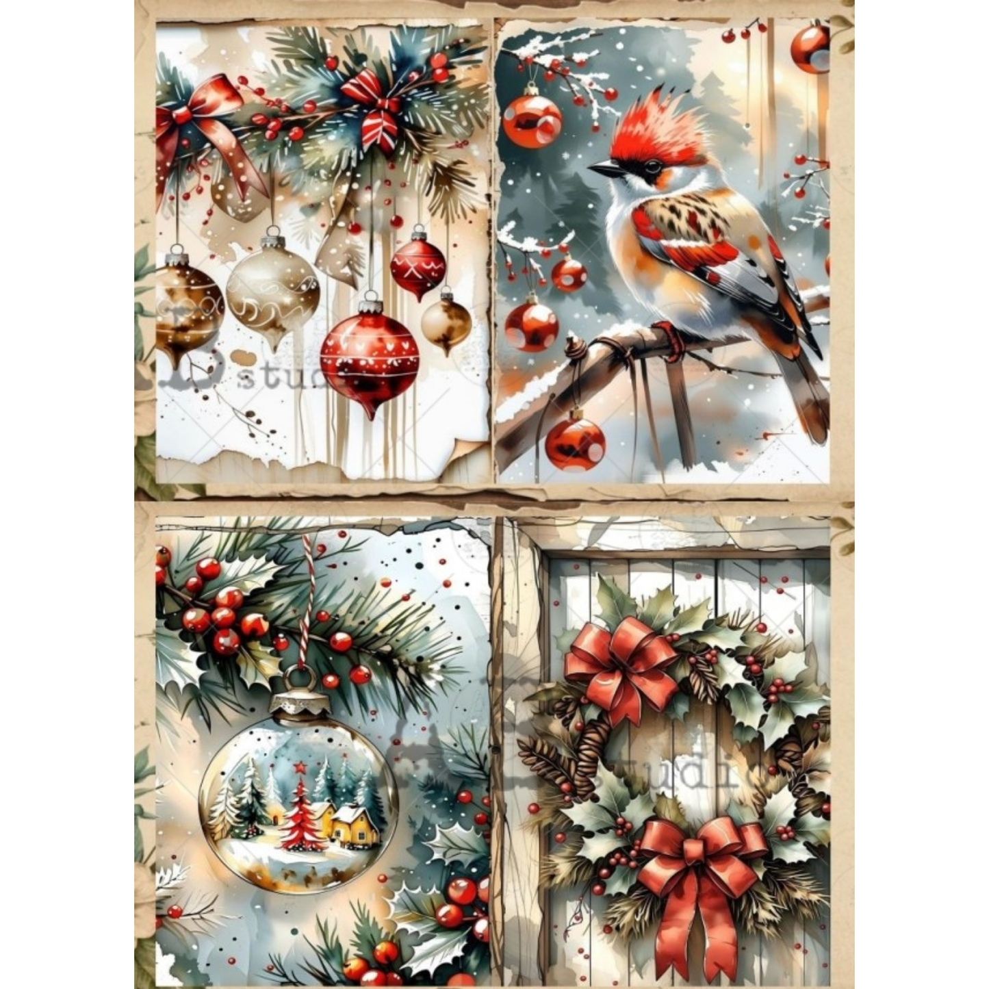 4 image Christmas-themed decorative paper featuring ornaments, a red-crowned bird on a snowy branch, a festive ornament with a winter tree scene, and a wreath with red bows and holly, all arranged on a light wood-textured background.