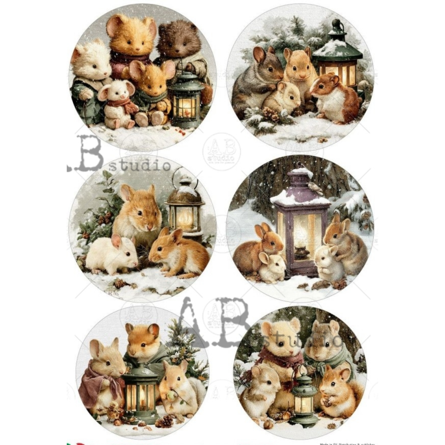 Six circular winter-themed illustrations featuring small animals such as rabbits, hamsters, and mice gathered around glowing lanterns in snowy outdoor scenes.