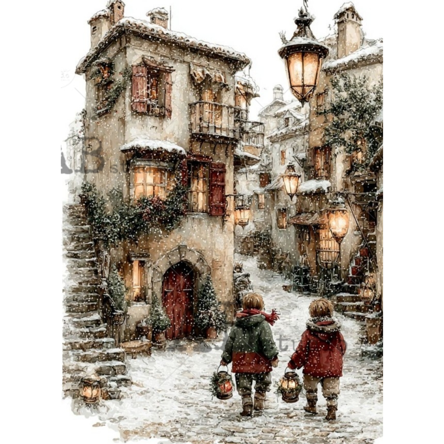 A snowy village street scene with old stone buildings, glowing lanterns, and two children in winter coats walking away and carrying baskets.
