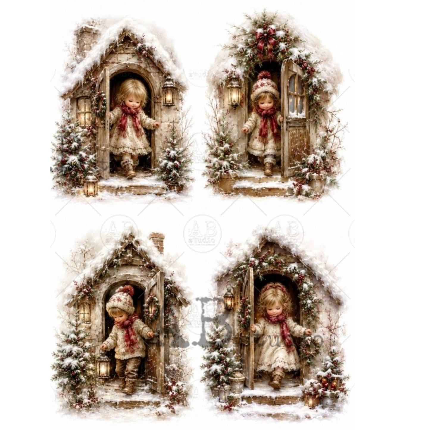 Four vintage-style Christmas illustrations showing a young child standing in front of a snow-covered cottage doorway, wearing a winter outfit and red scarf, with decorated trees and warm lantern light.