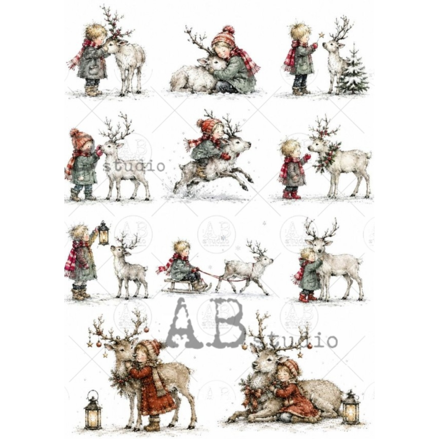 A sheet of Christmas-themed illustrations featuring children in winter clothing interacting with reindeer, with small lanterns and a snowy ground.