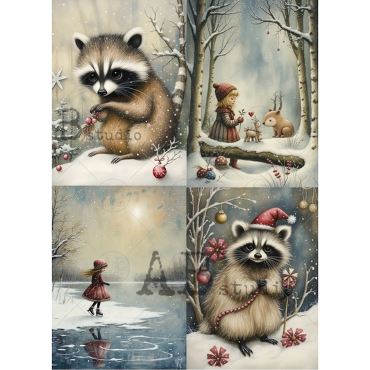 Collage of 4 winter-themed illustrations featuring a raccoon, a child, and animals in a snowy landscape.