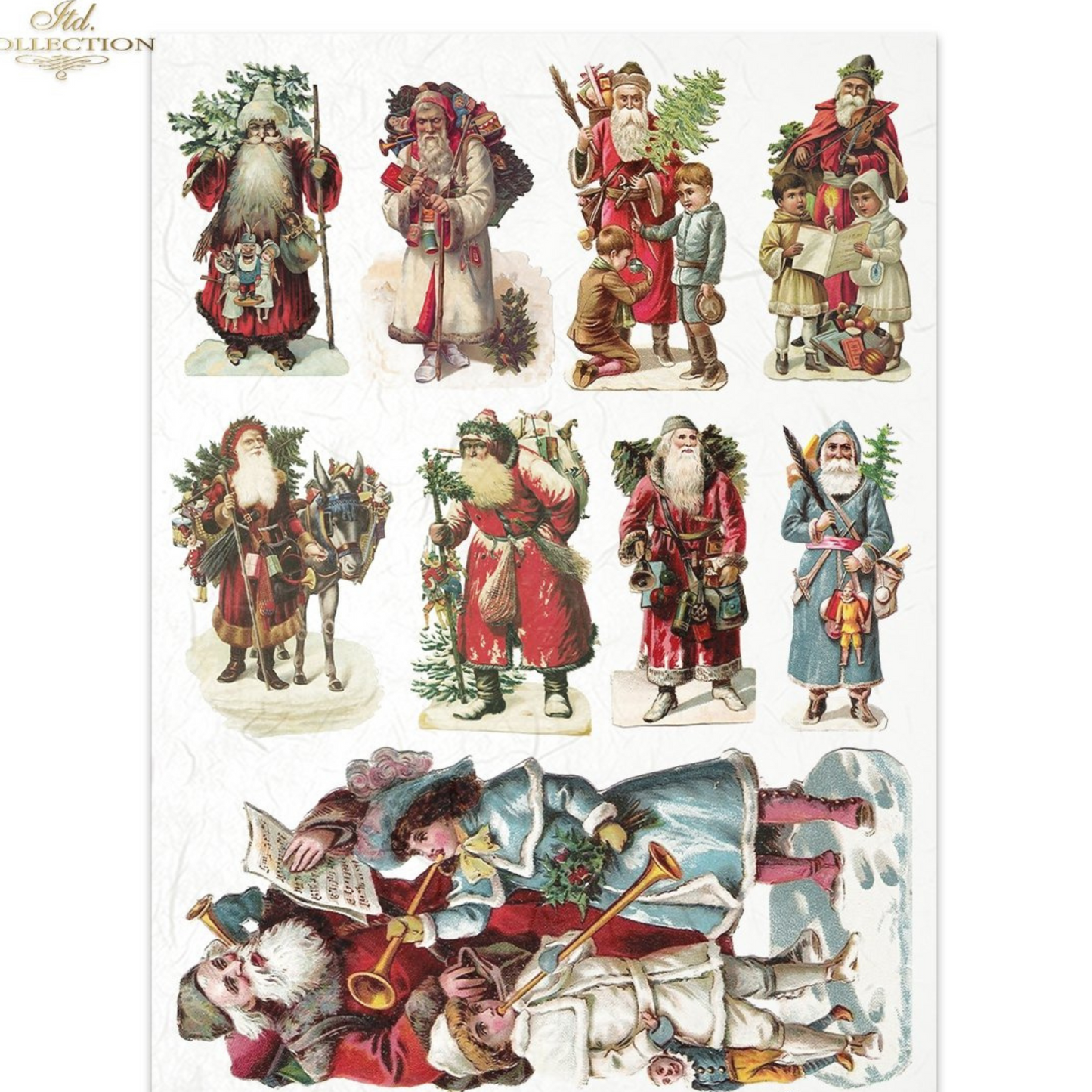 Collection of vintage-style Santa Claus illustrations on a white background