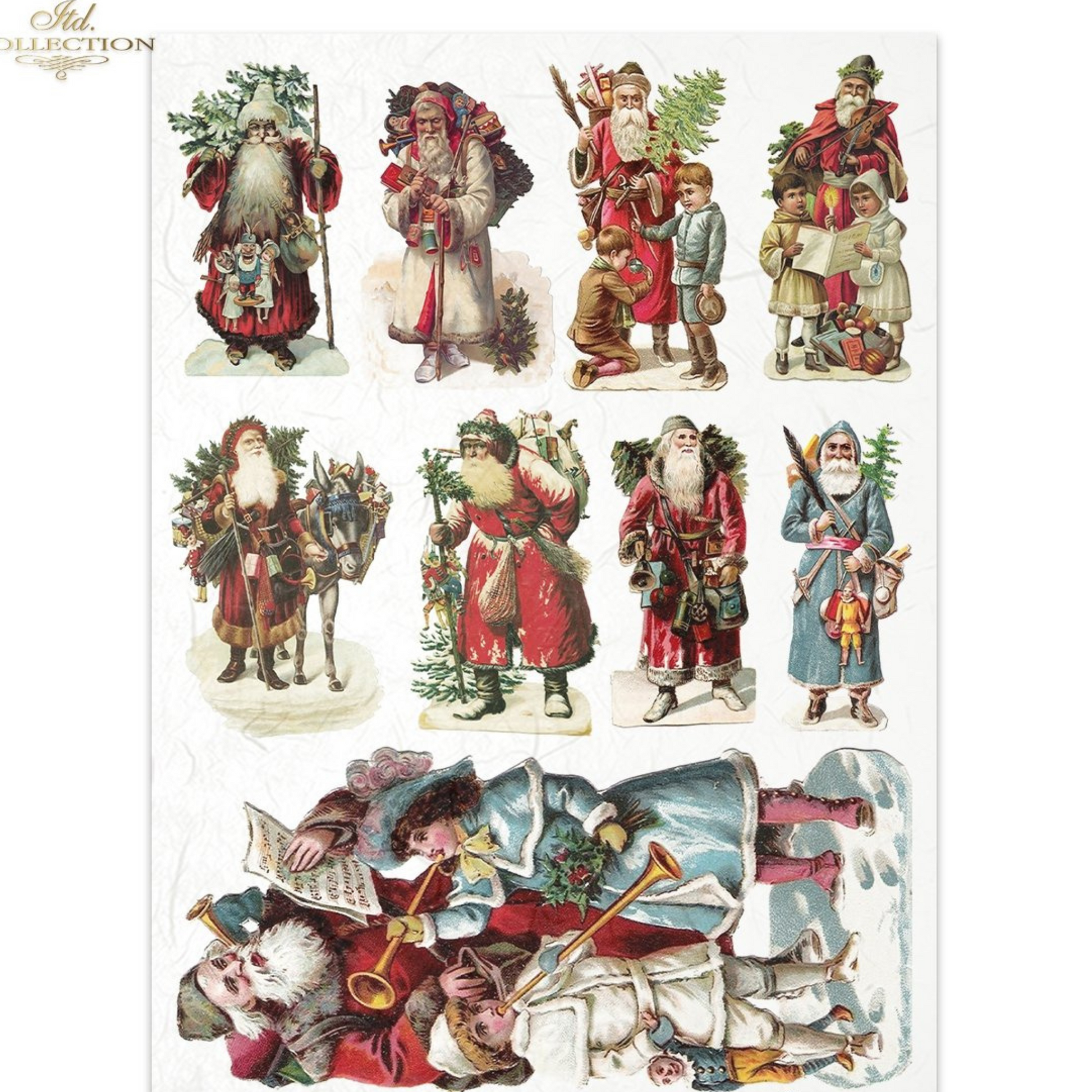 Collection of vintage-style Santa Claus illustrations on a white background
