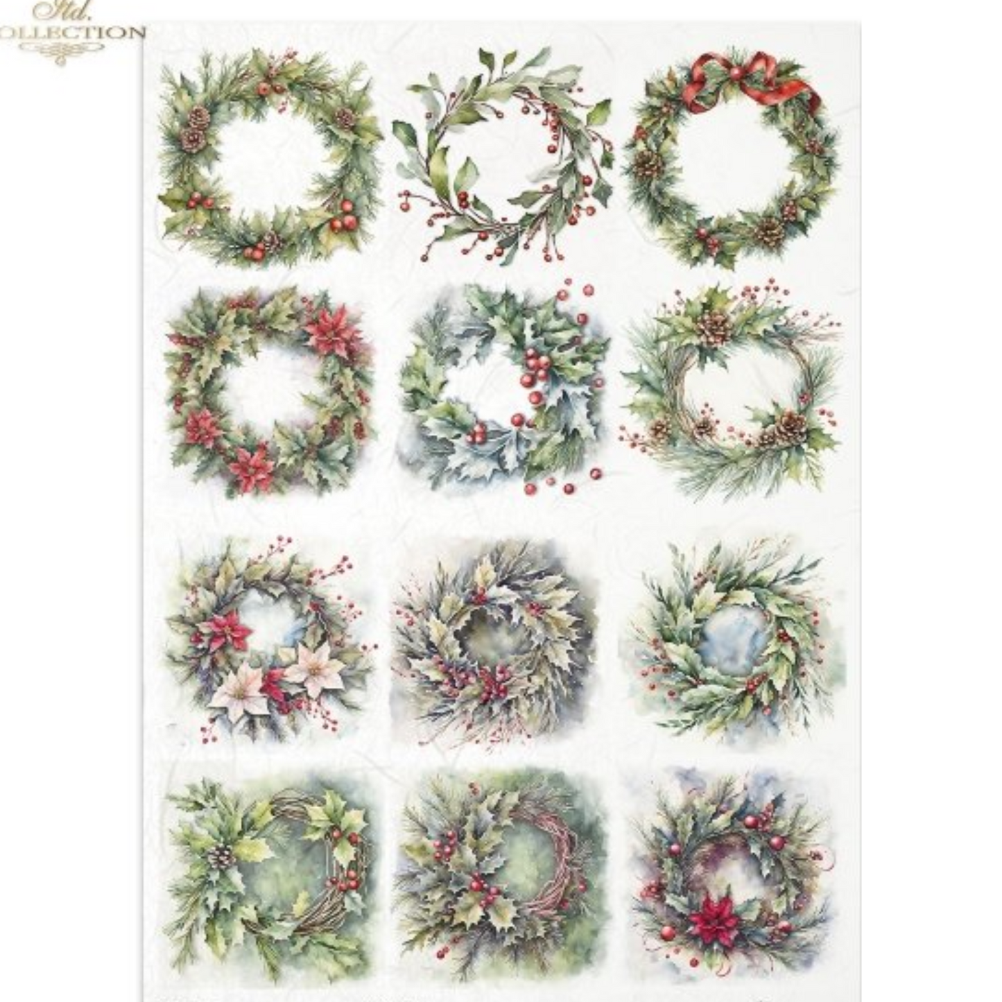 "Twelve Holiday Wreaths" decoupage rice paper by ITD Collection. Available at Milton's Daughter. Sheet of 12 decorative Christmas wreaths with berries and ribbons on a white background.