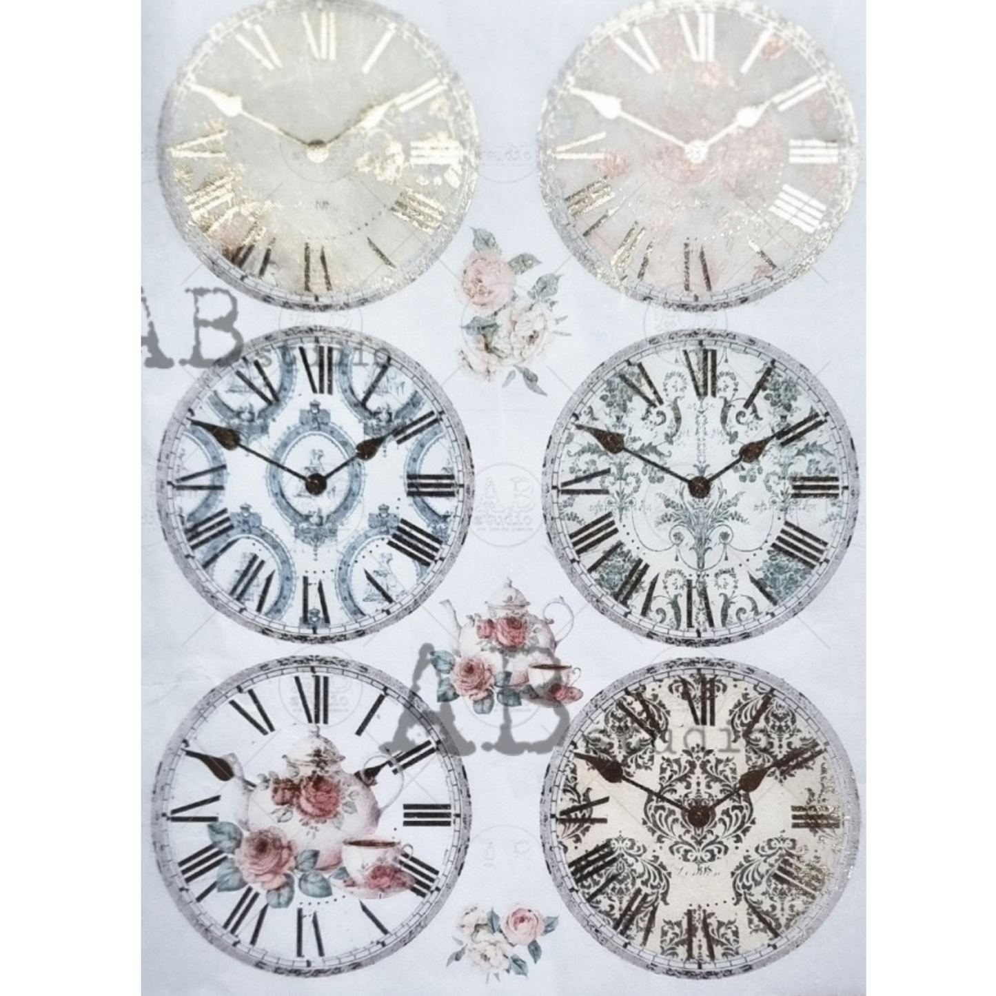 Six decorative clock faces with floral and vintage designs on a white background