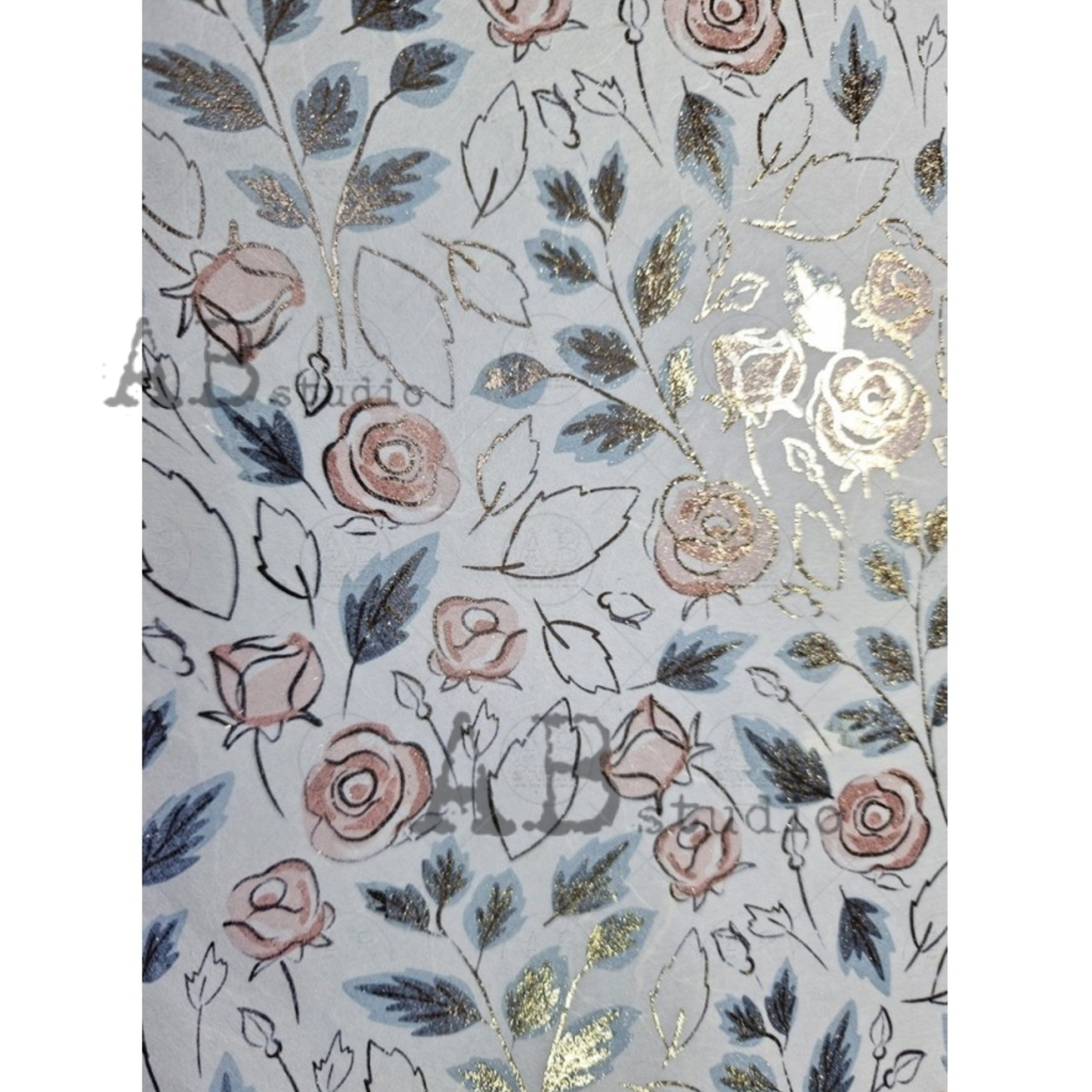 Decorative gilded paper with floral pattern in pink and blue.