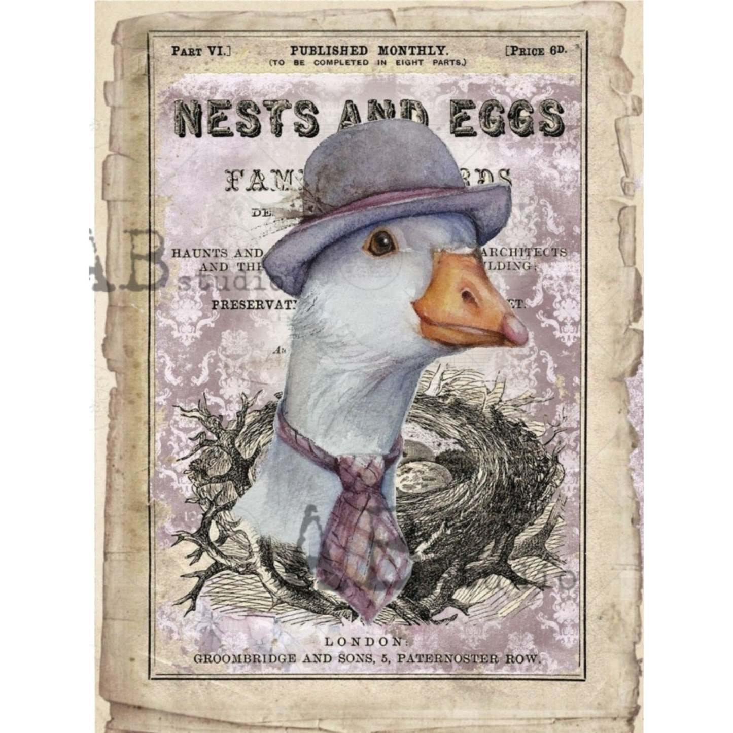 Portrait of a male duck wearing a tie and felt hat over printed text background.