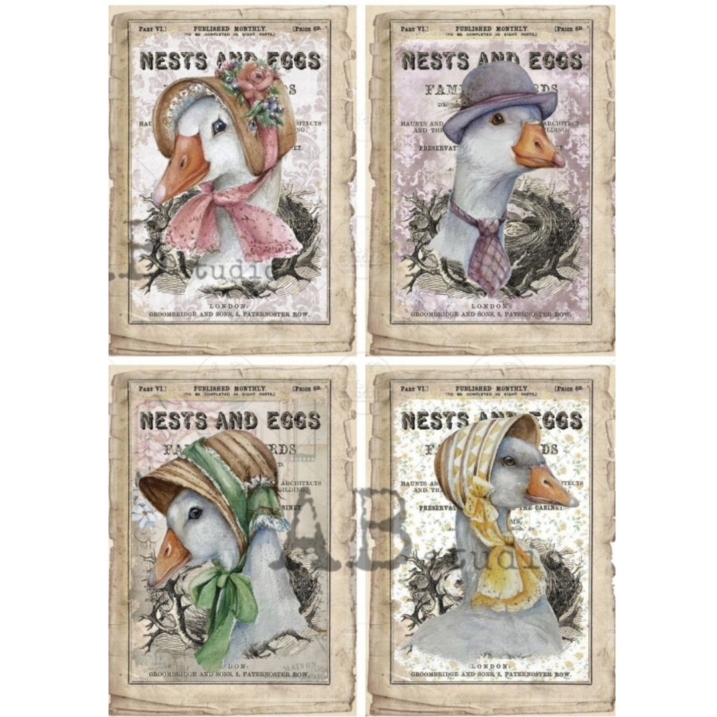 Four image sheet in well dressed ducks in hats posing for portraits over pinted text.