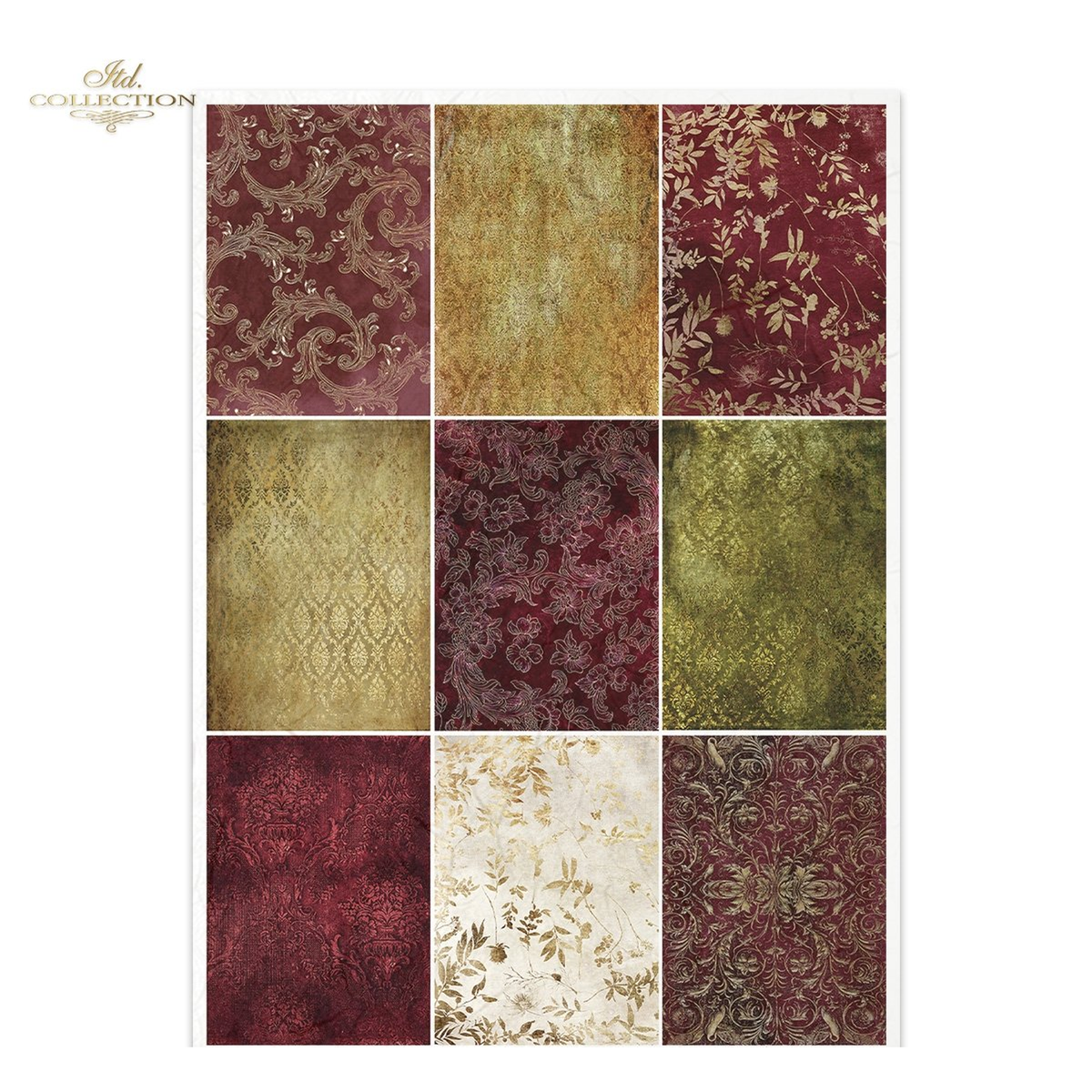 Nine tag sized background patterned images in gold burgandy and white.