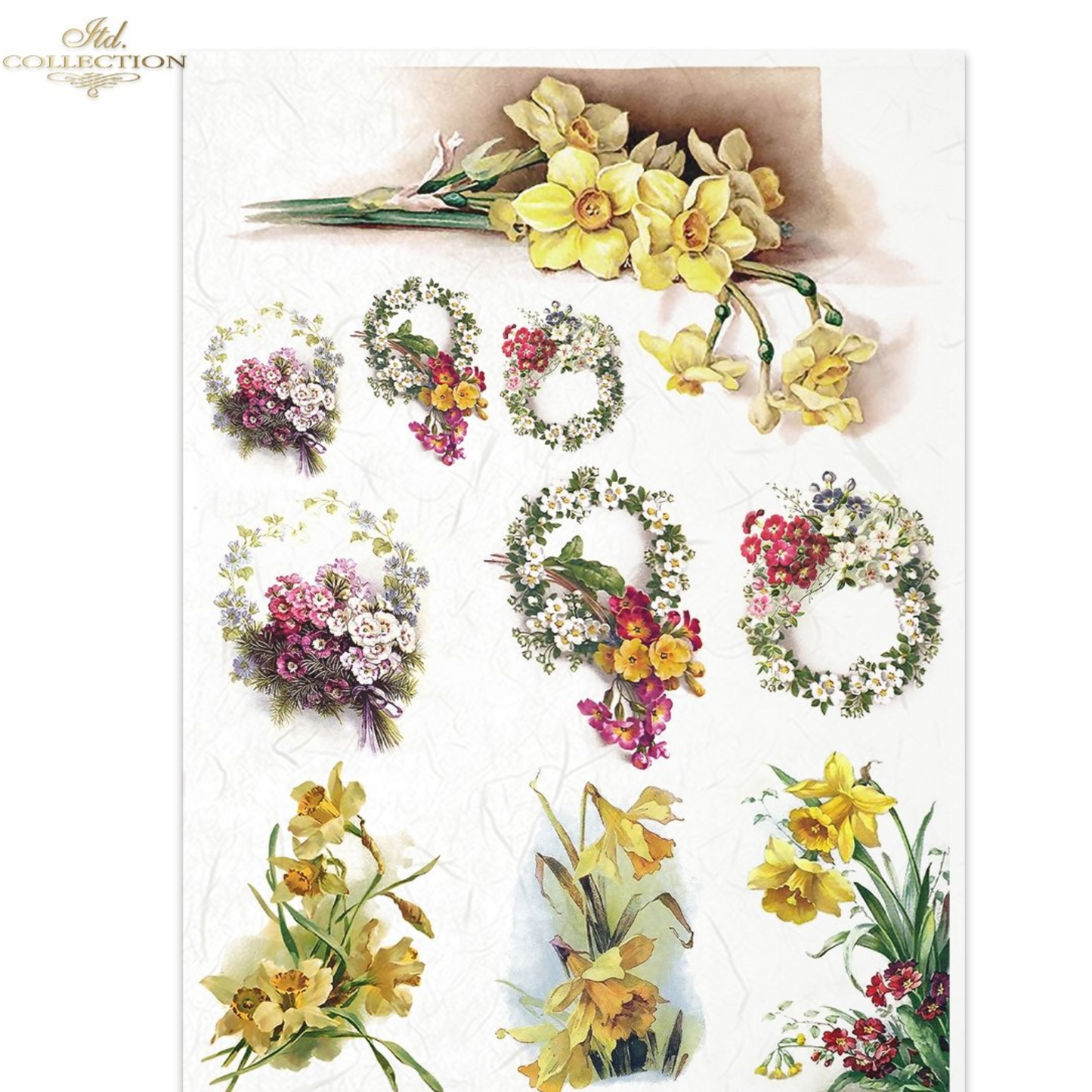 Sheet of various floral designs including bouquets and wreaths on a white background.