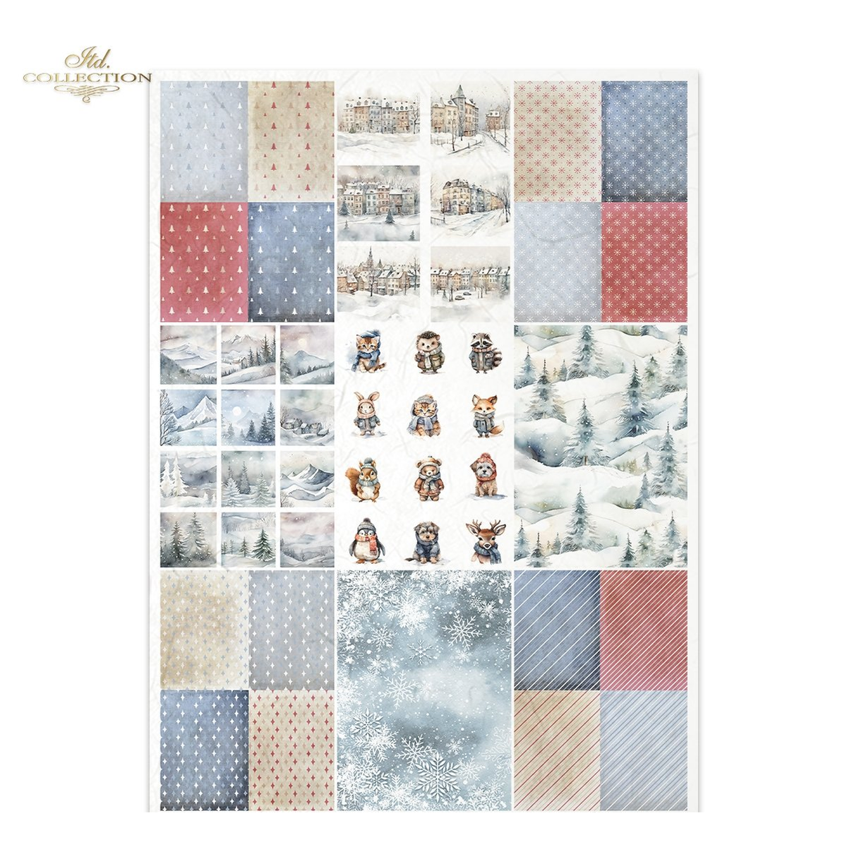 Multiple holiday scenes and background patterns in miniature.