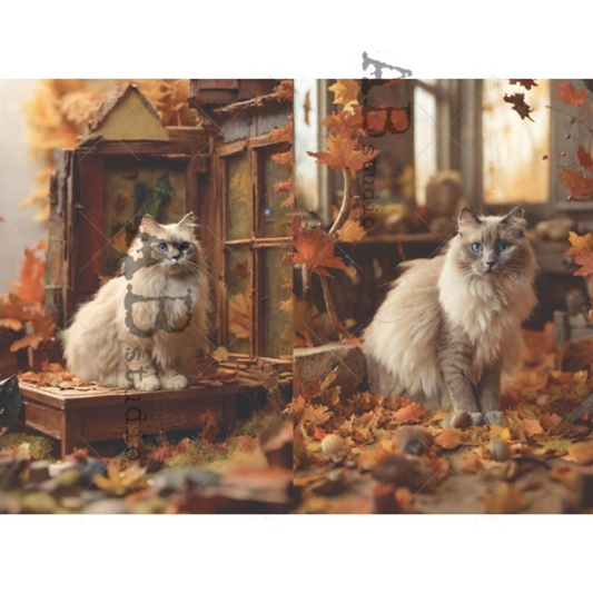 Two cats in a autumn-themed setting with leaves and a small house.