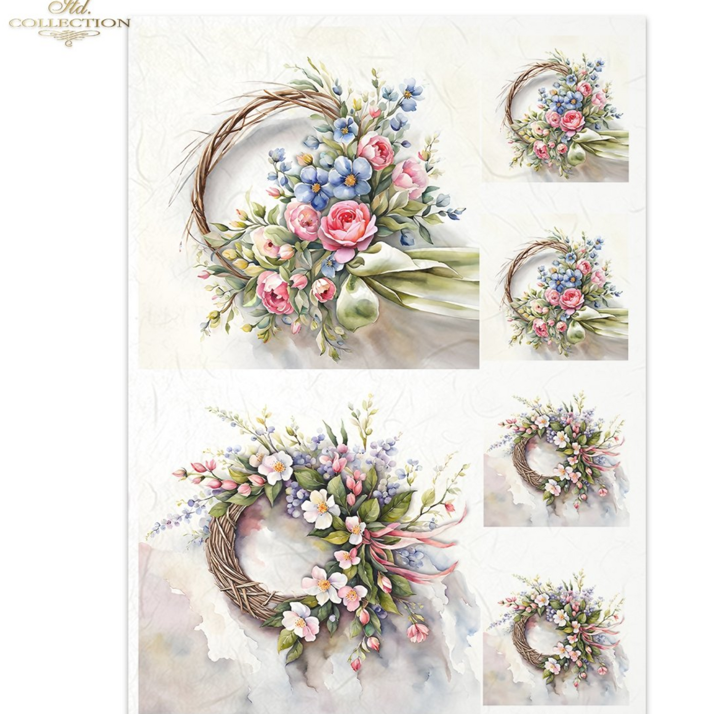 Mutliple spring floral wreath designs with ribbons on a white background.