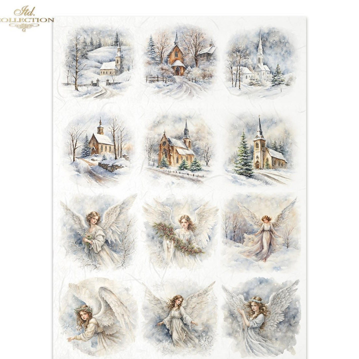 Sheet of Christmas-themed paper with snowy village and angel designs.