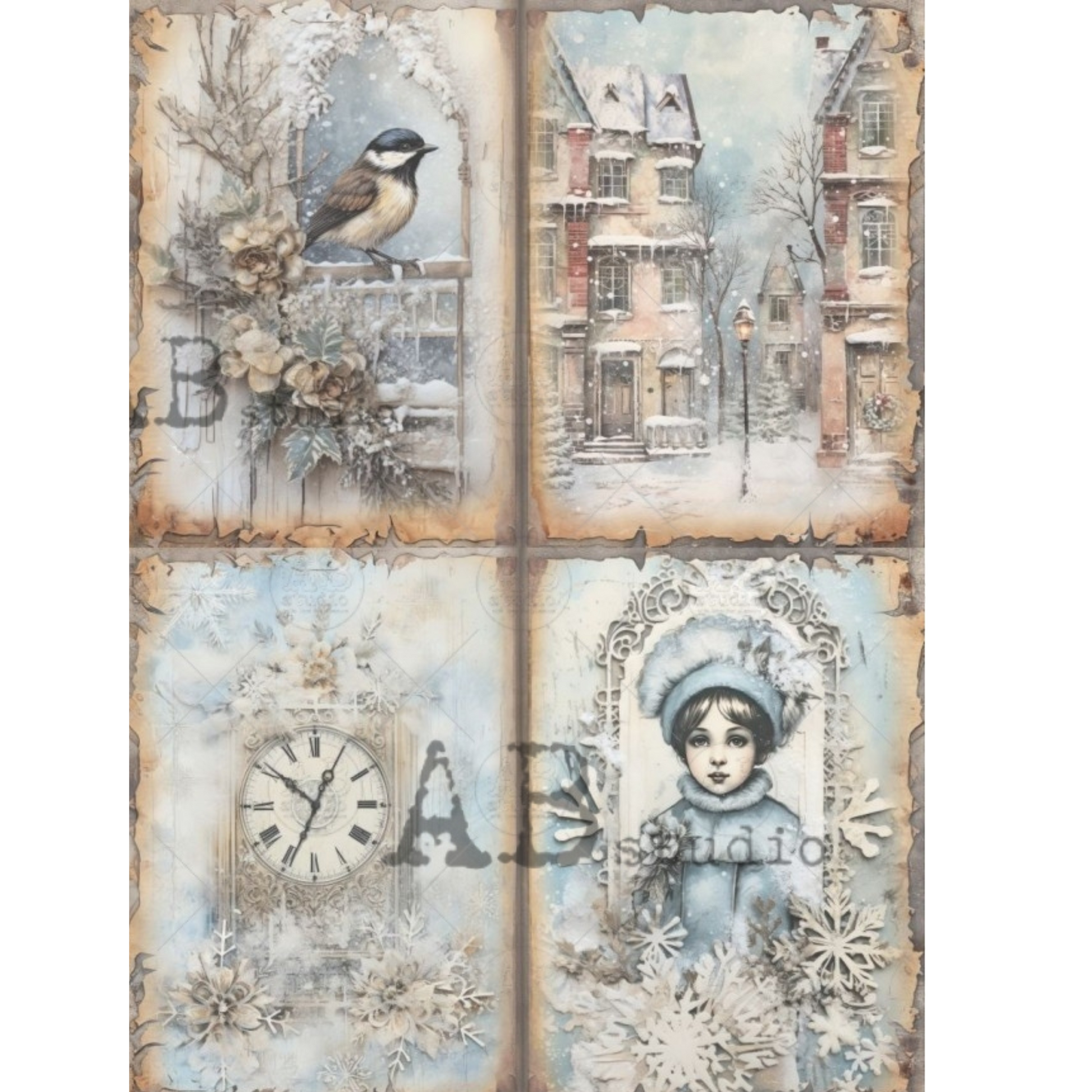 Four-panel design with a bird, snowy village, clock, and child in a blue coat.