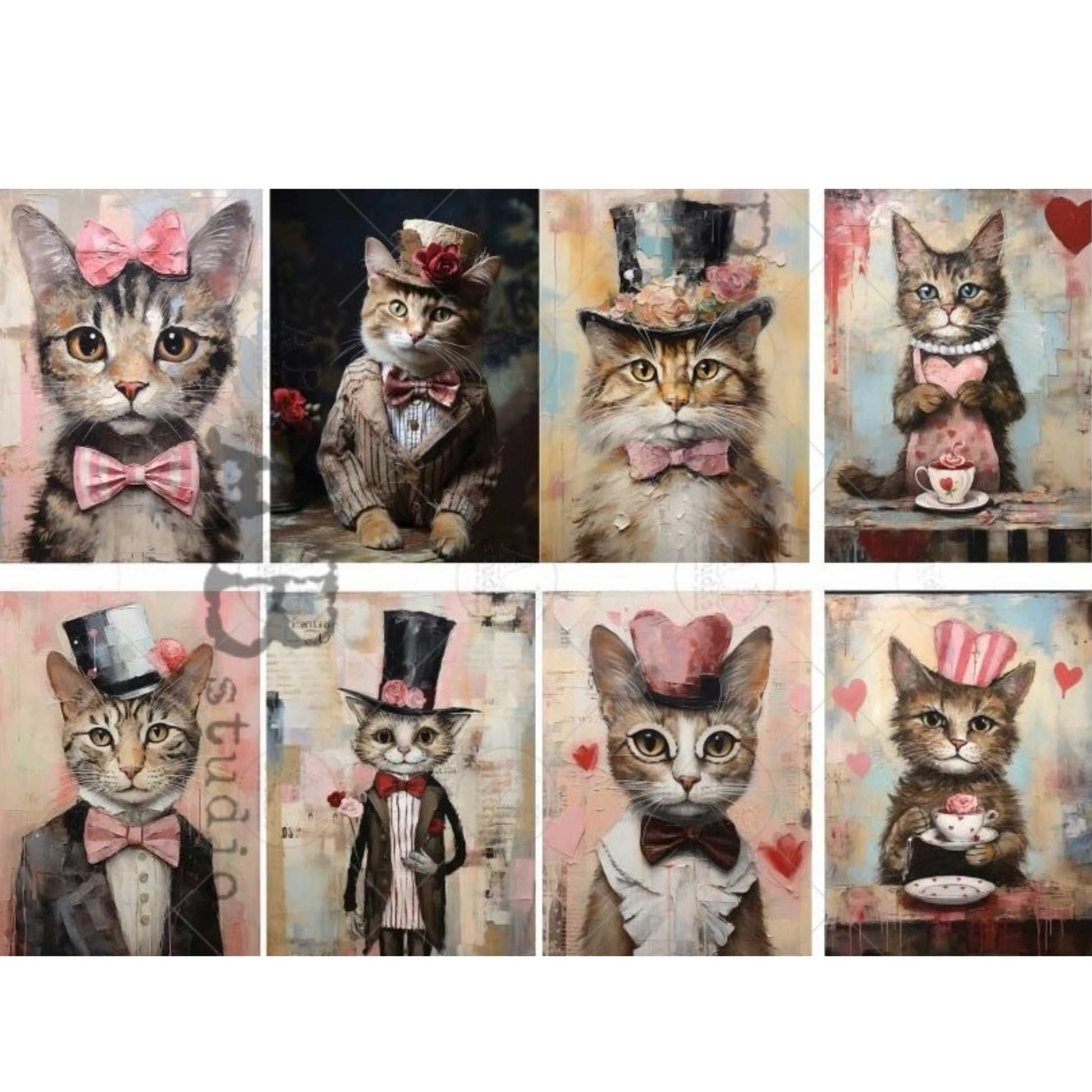 Set of nine valentine's day themed illustrations of cats wearing hats and bow ties on a white background with hearts.