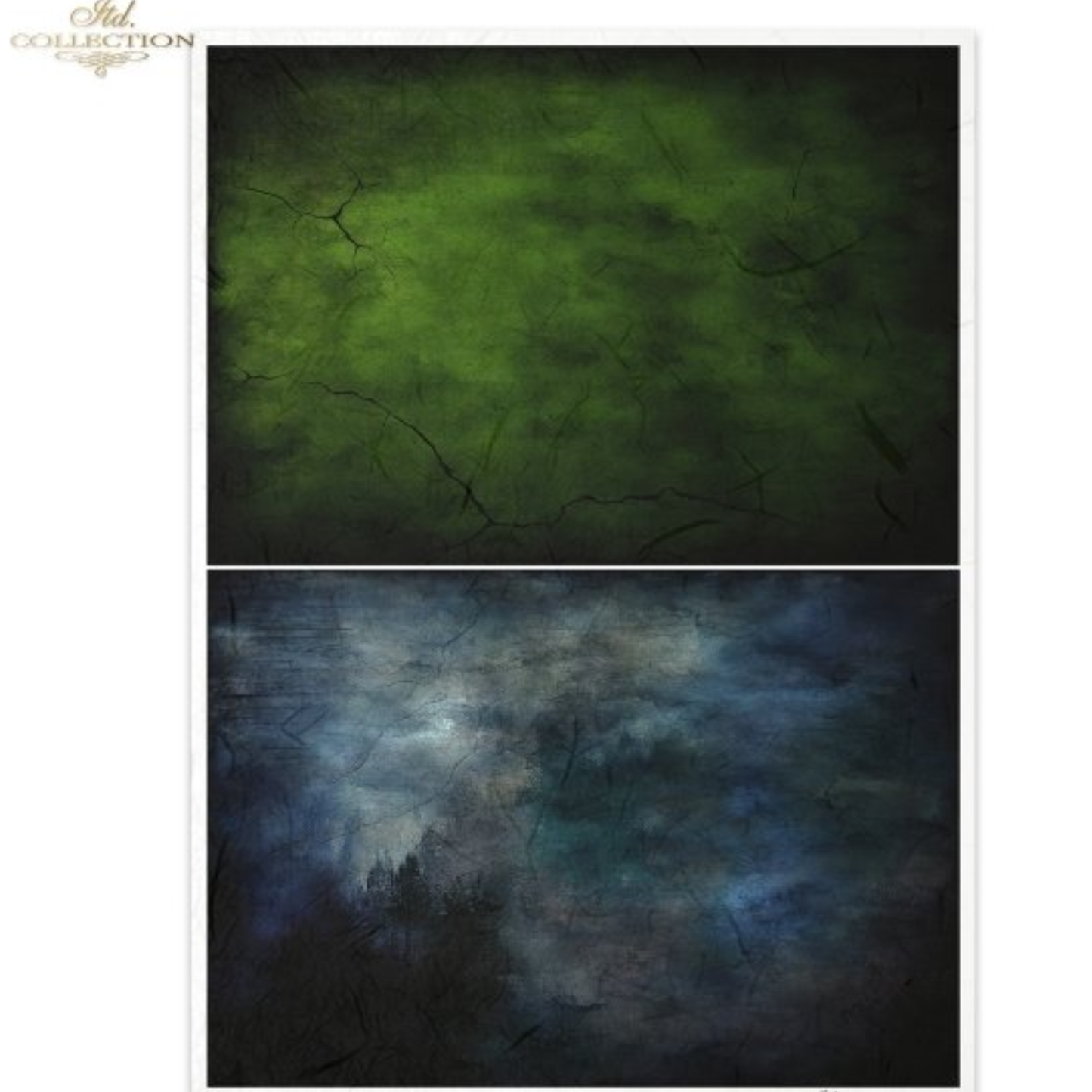 Two abstract images of textured backdrop in blue and green.
