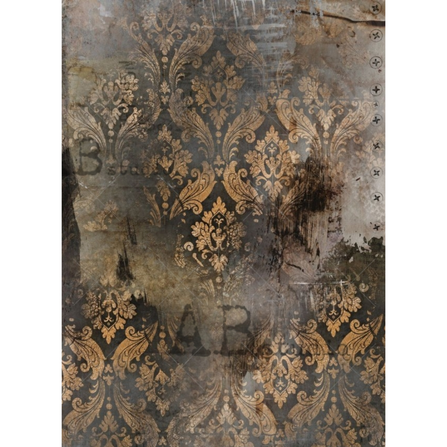 Distressed damask pattern in black, brown, and gold tones with a weathered, grunge aesthetic.