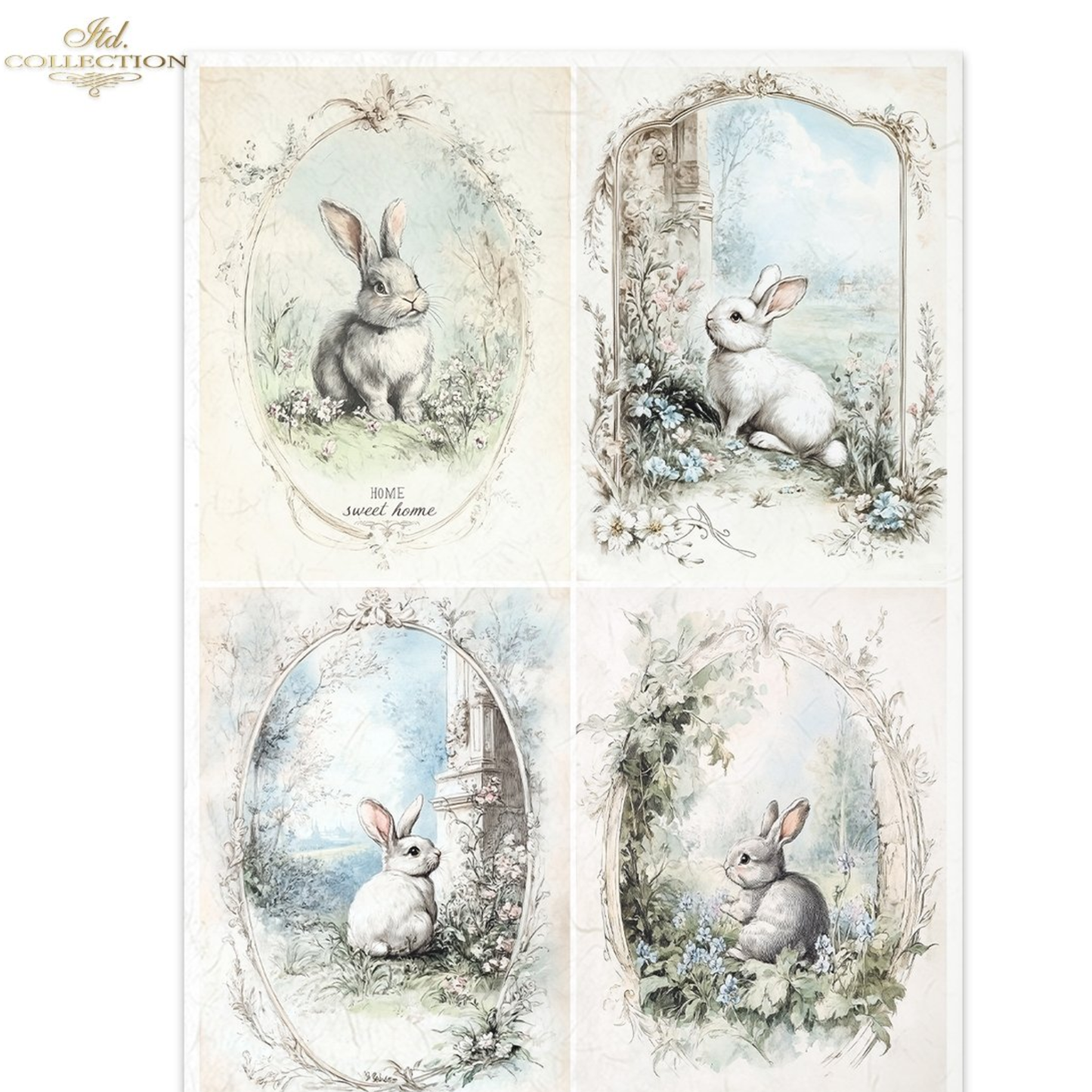 Four illustrations of rabbits in decorative frames with floral elements.