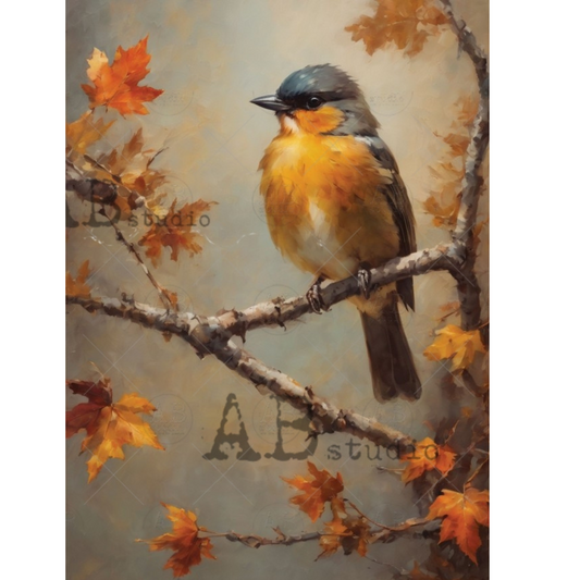 Painting of a bird on a branch with autumn leaves, featuring 'AB studio' branding.