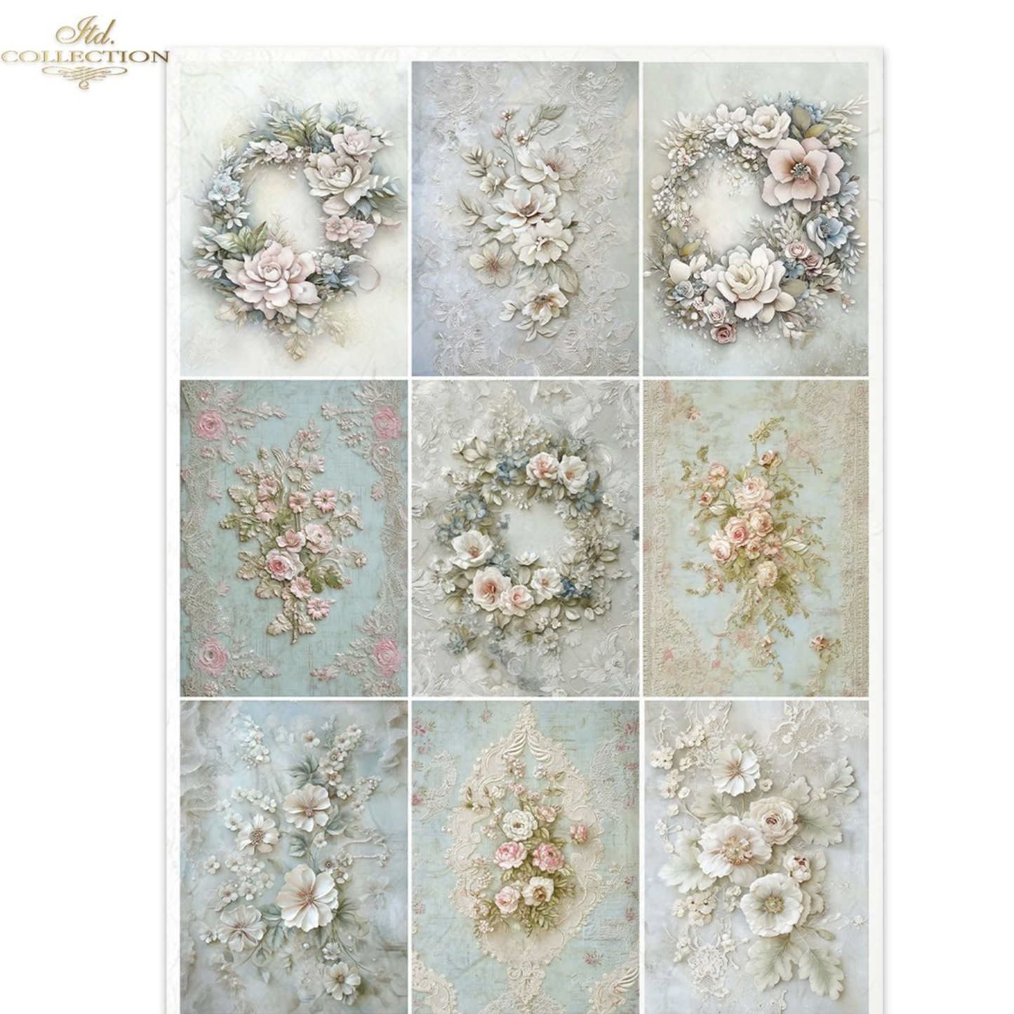 Set of nine floral wreath designs on a textured background
