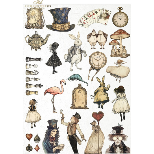 Collection of illustrated characters and objects from Alice in Wonderland on a white background.