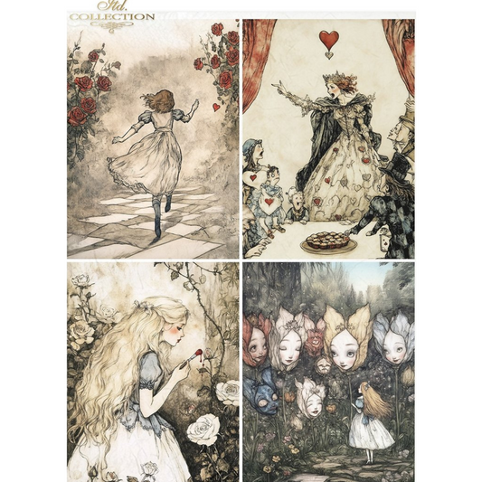 Set of four illustrated cards featuring characters from Alice in Wonderland.