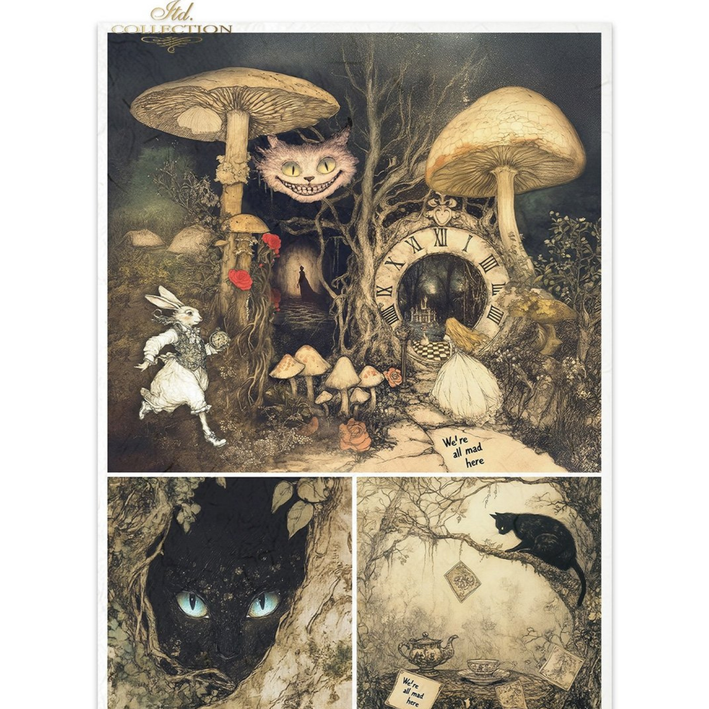 Framed artwork with fantasy elements including mushrooms, a rabbit, the Cheshire Cat and a black cat.