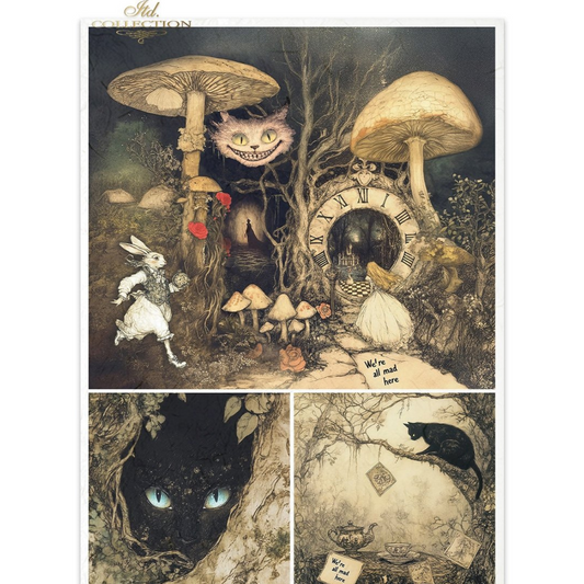 Framed artwork with fantasy elements including mushrooms, a rabbit, the Cheshire Cat and a black cat.