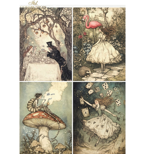 Set of four illustrated cards featuring a girl in a white dress in various fantasy scenarios.