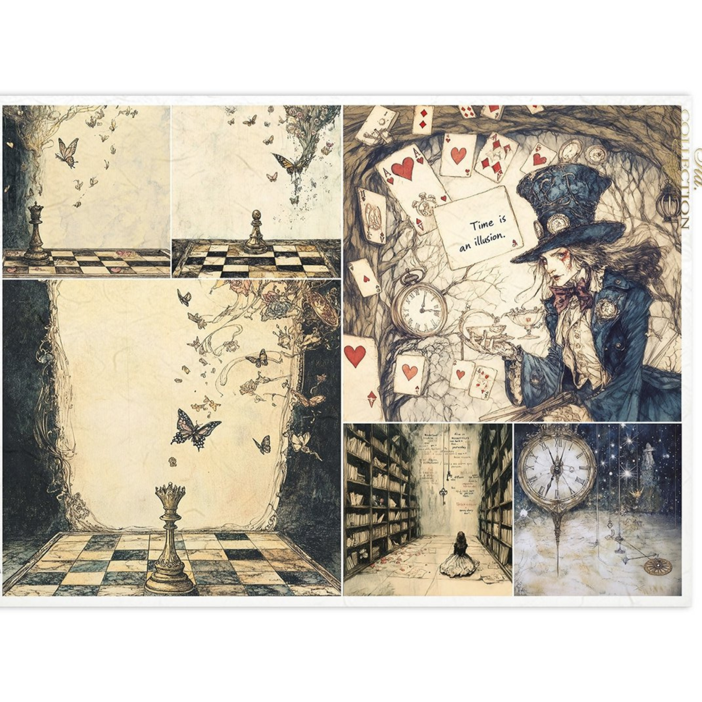 Collage of illustrations featuring a chessboard, card characters, and a clock, inspired by Alice in Wonderland.
