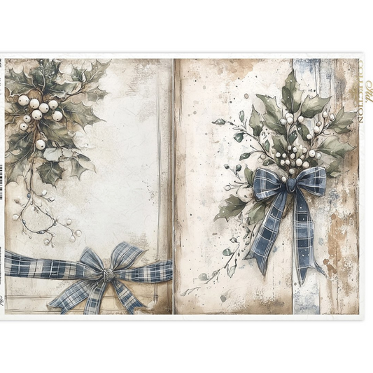 Two decorative panels with plaid bows and greenery on a textured background