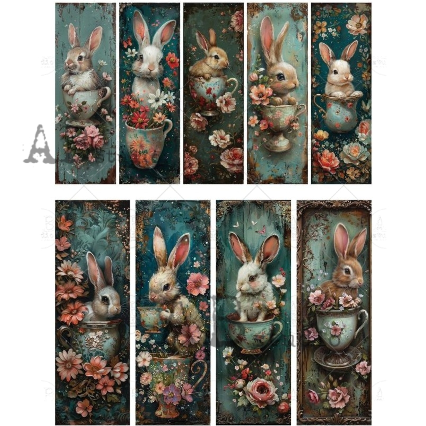 Set of nine vertical panels featuring rabbits in teacups with floral decorations.