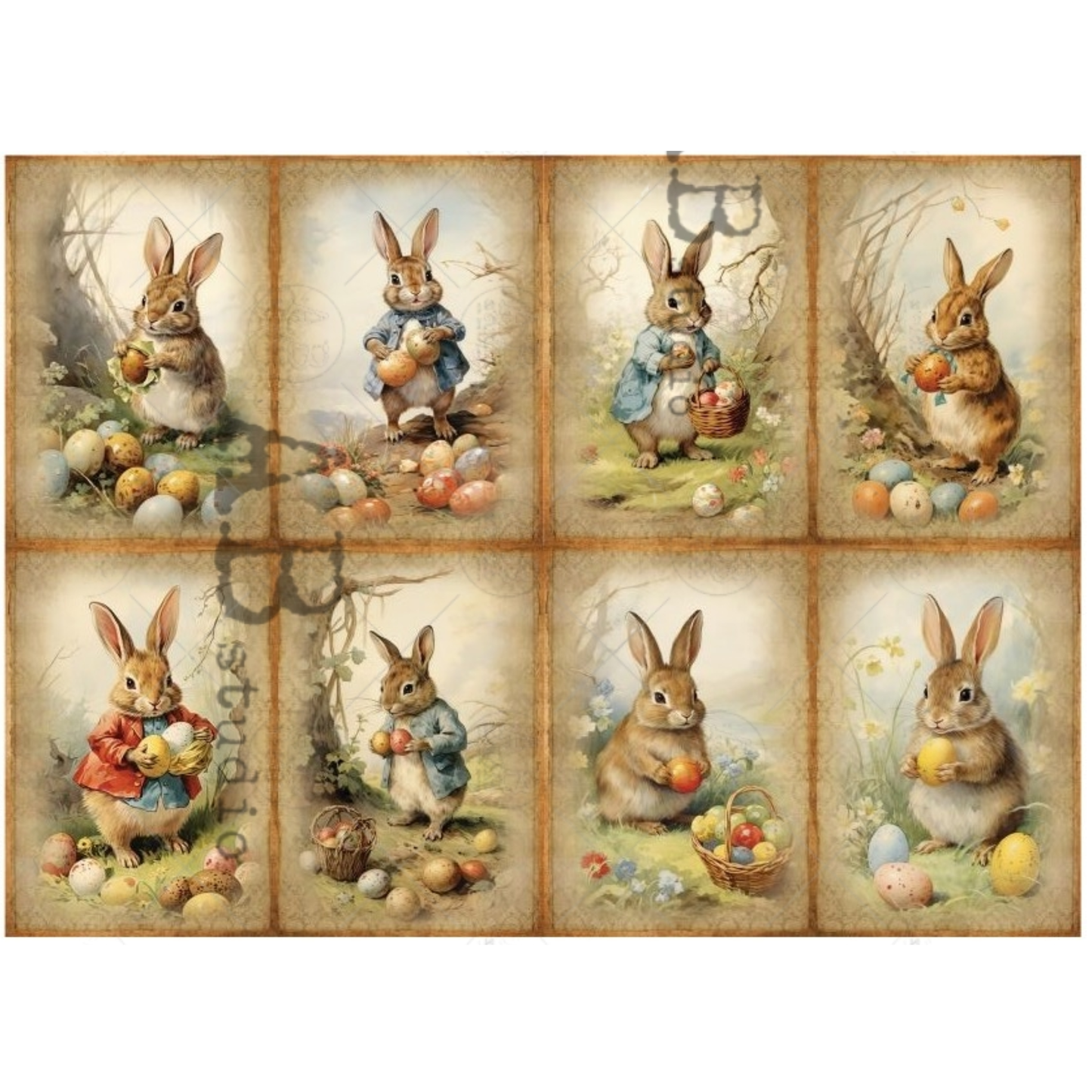 Set of nine vintage-style illustrations of rabbits with Easter eggs and baskets.