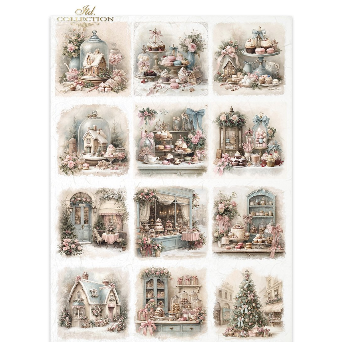 Twelve tag-sized images depicting vintage christmas scenes with pink flowers and cottages, bakeshop windows and sweet treats.