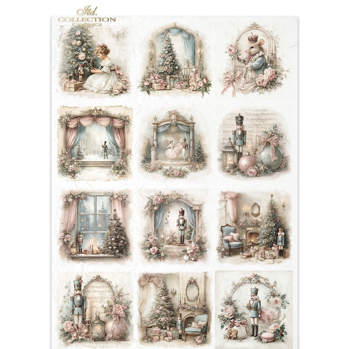 A sheet of decorative stickers or decals featuring 12 vintage-style holiday illustrations in soft blush, beige, and muted gray tones. The designs include Christmas trees, nutcrackers, framed portraits, and cozy interior scenes with floral accents.