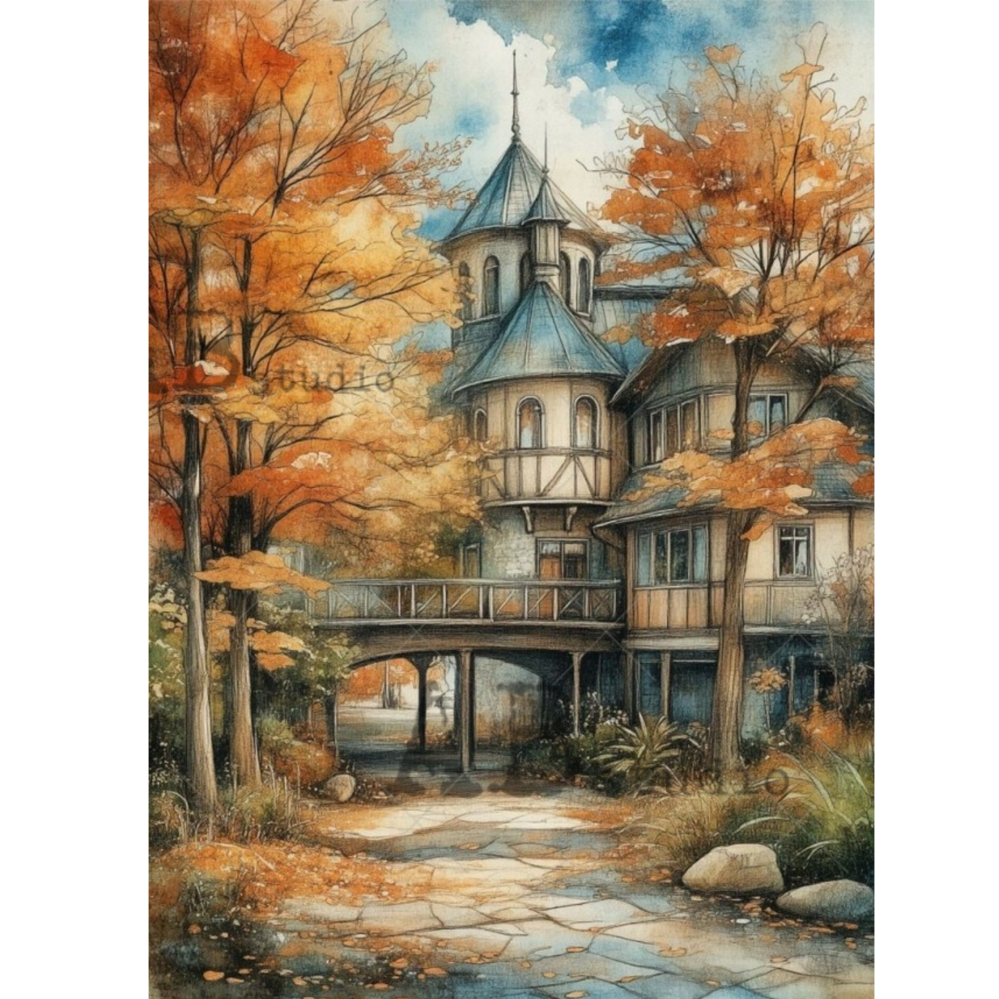 A whimsical painted scene of an old stone and timber house surrounded by tall trees with orange and gold autumn leaves. A stone path leads toward the house under a bridge, with blue sky and clouds in the background.
