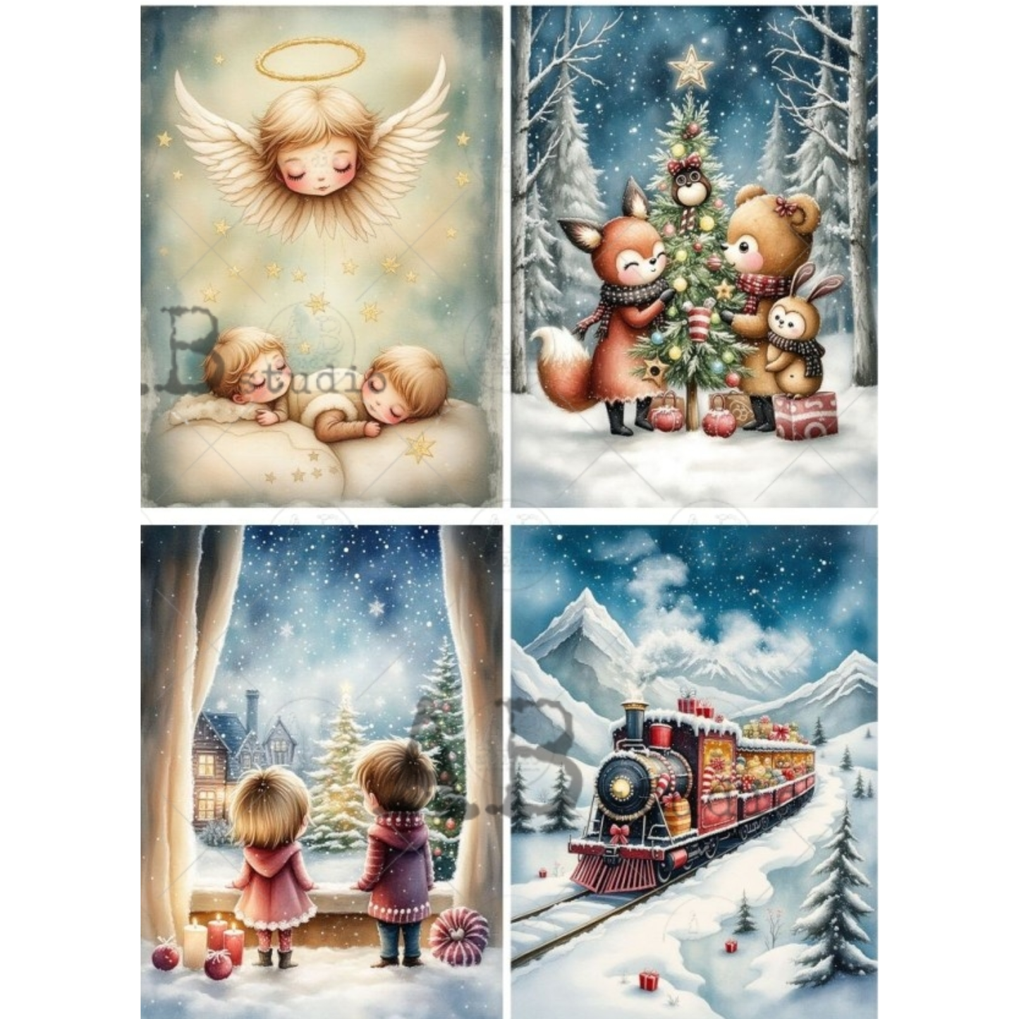 A 4-panel Christmas-themed illustration featuring a sleeping angel over children, woodland animals decorating a Christmas tree, children looking out a window at a snowy village, and a red steam train traveling through a snowy mountain landscape.