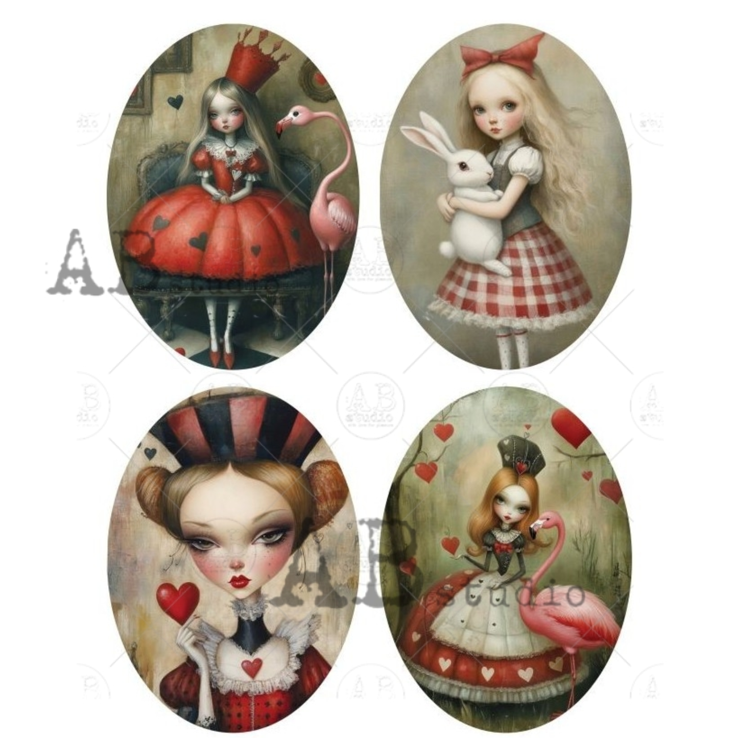 Set of four oval illustrations featuring characters from Alice In Wonderland.
