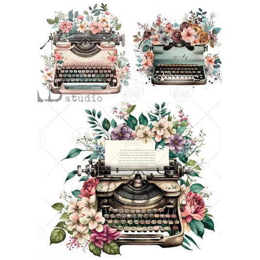 "3 Pack of Floral Vintage Typewriters" decoupage rice paper by AB Studio. Available at Milton's Daughter.