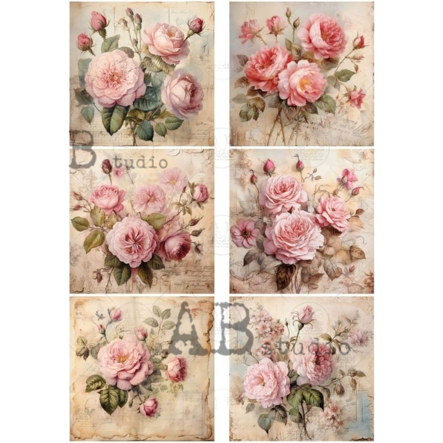 Set of six square vintage-style floral designs with pink roses on a textured background.
