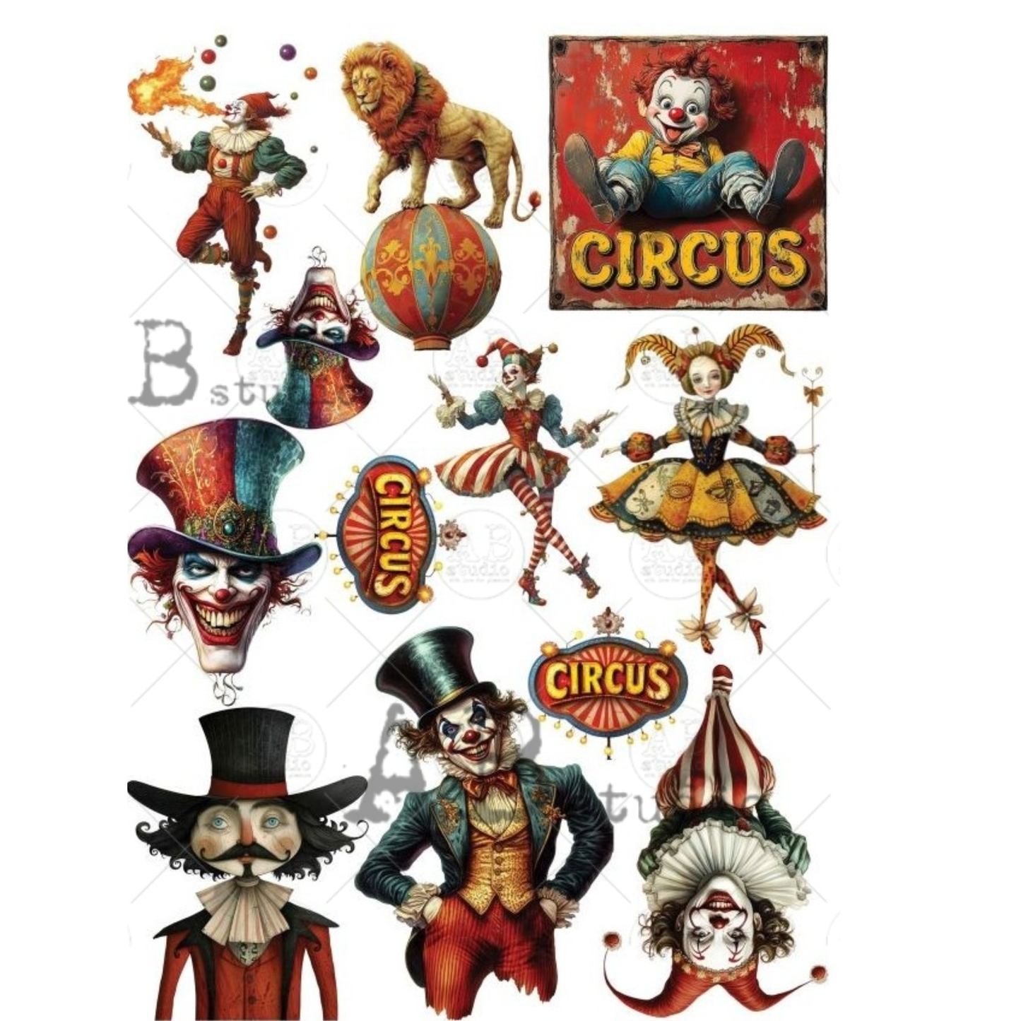 Collection of vintage-style circus performers and elements on a white background